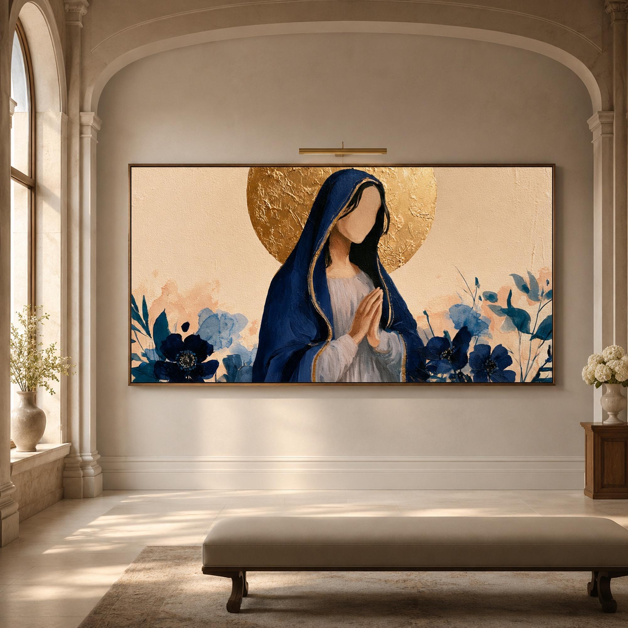 Virgin Mary Oil Painting, Praying Madonna Home Decor, Catholic Floral Canvas Art