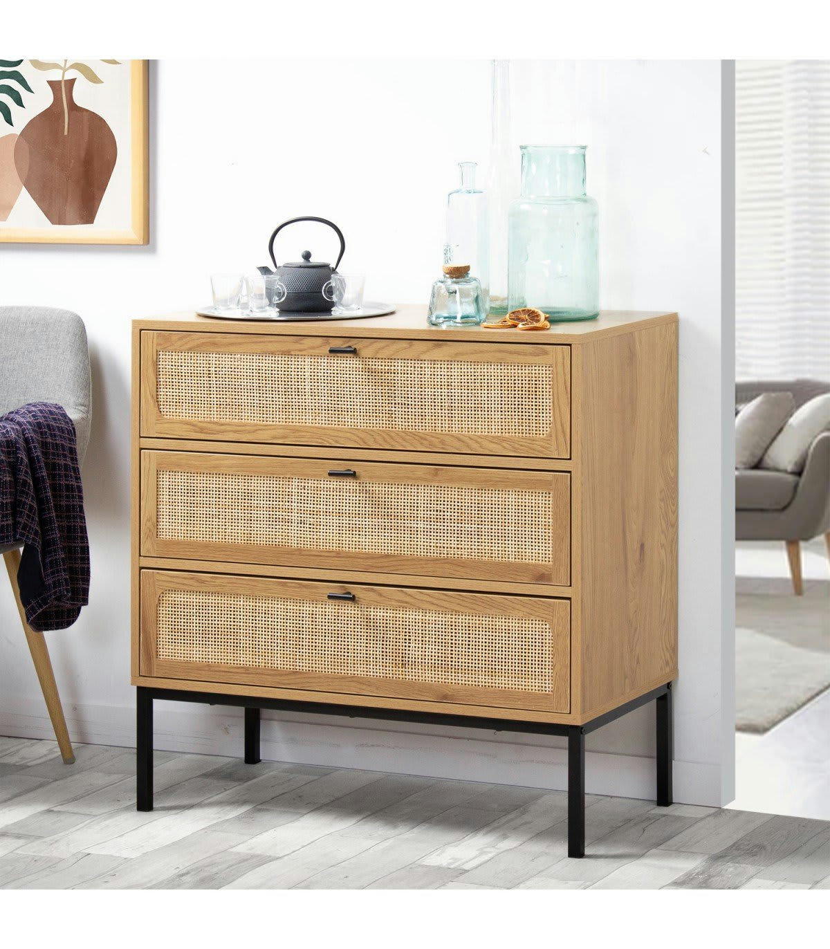 JAYA - Commode 3 tiroirs décor chêne et façade en rotin - L80 x P39 cm