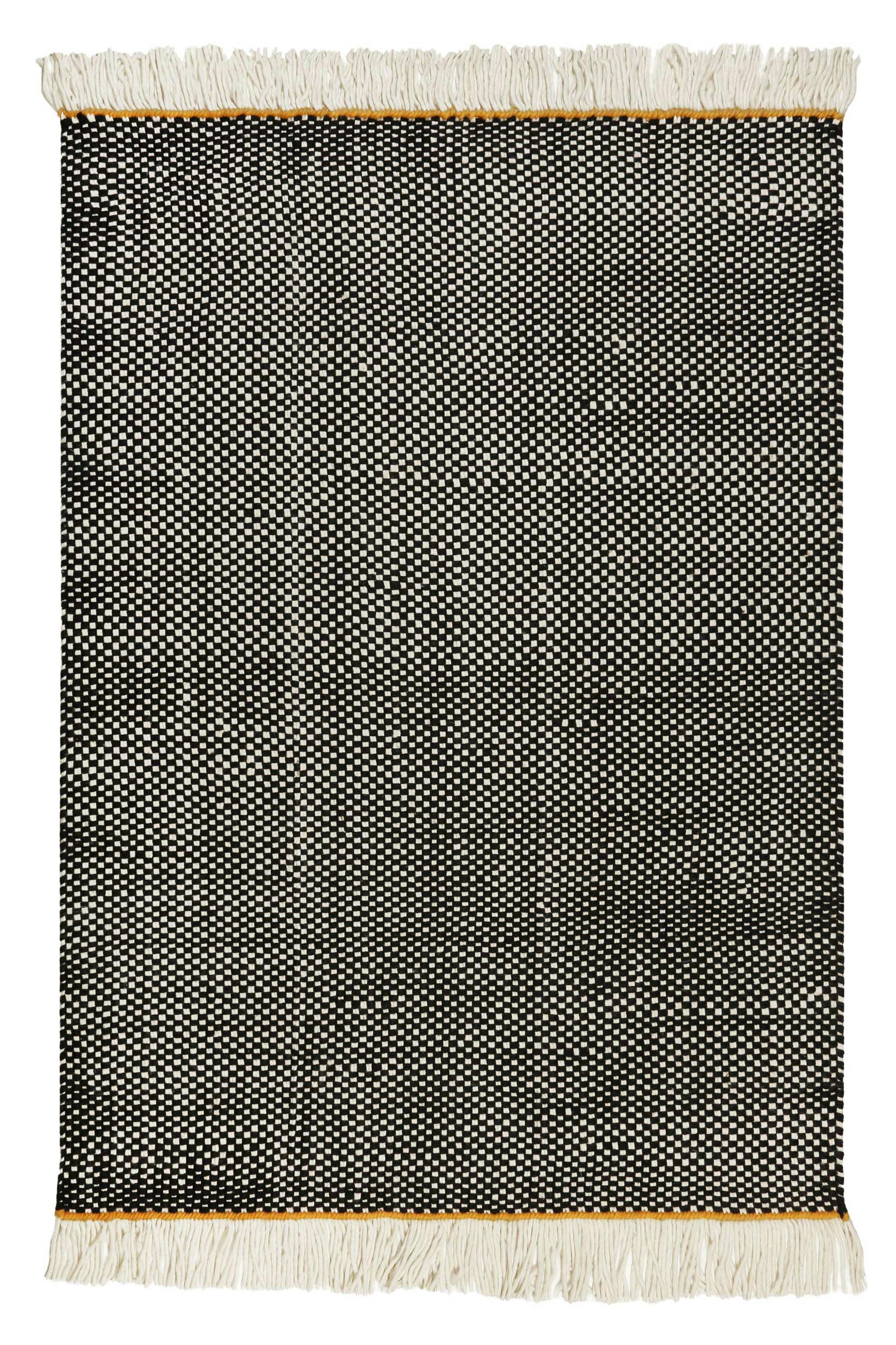 CASA - Tapis plat tissé main pure laine vierge à franges noir 130x190