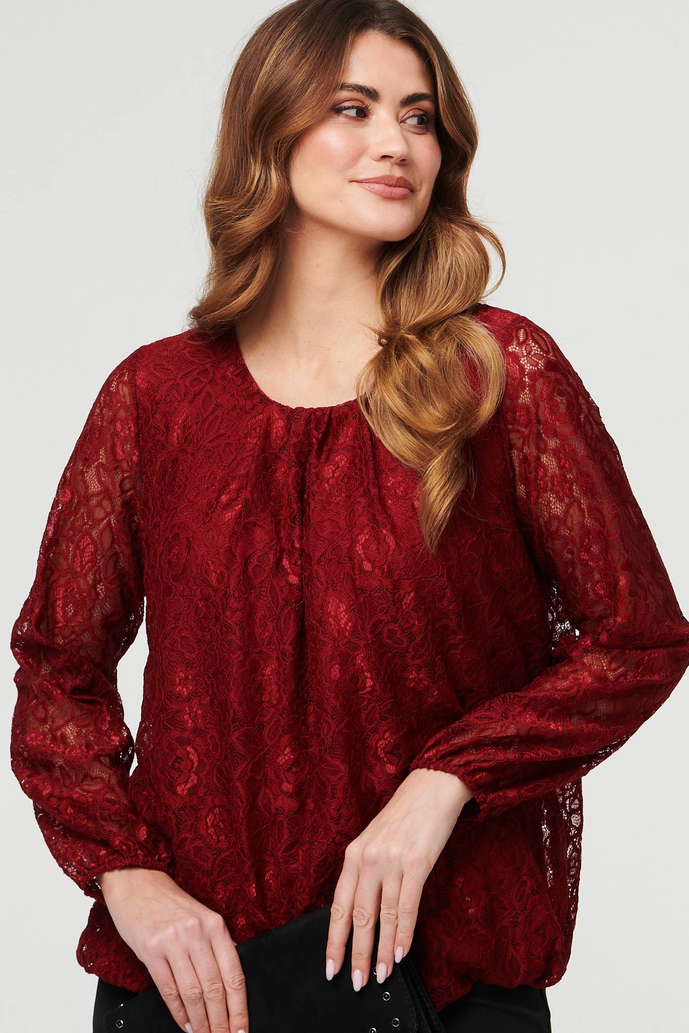 Izabel London Floral Lace Semi Sheer Ruched Blouse