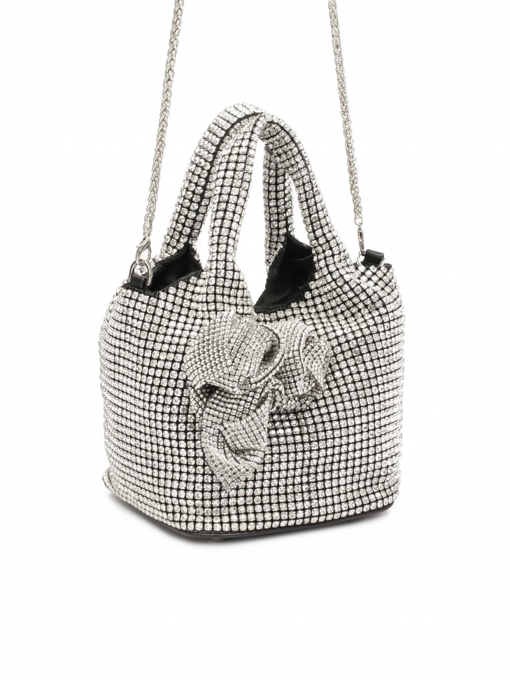 Shiny handbag with zircons and 3D flowers