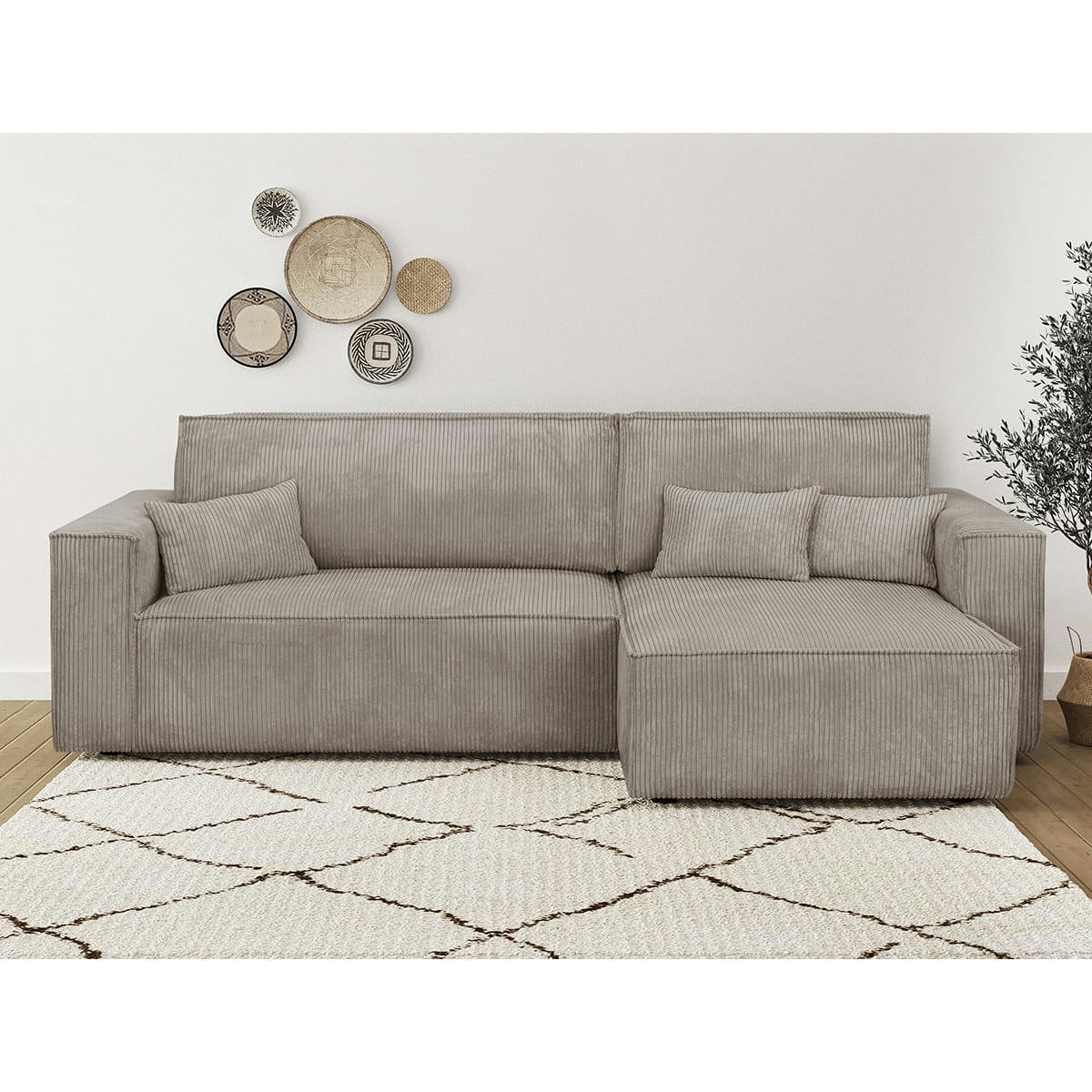 LIVIA NEW - Canapé d'angle convertible 4 places en velours côtelé taupe