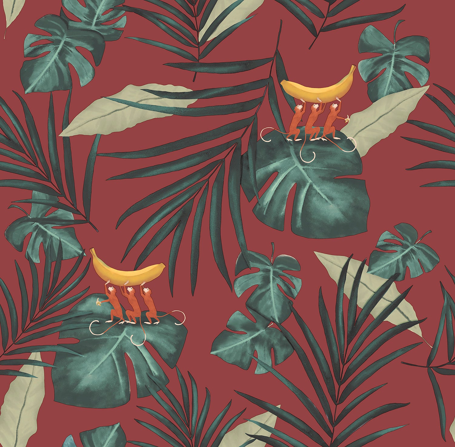 Walls4You behang apen en jungle bladeren rood en groen - 53 cm x 10 m - 640348