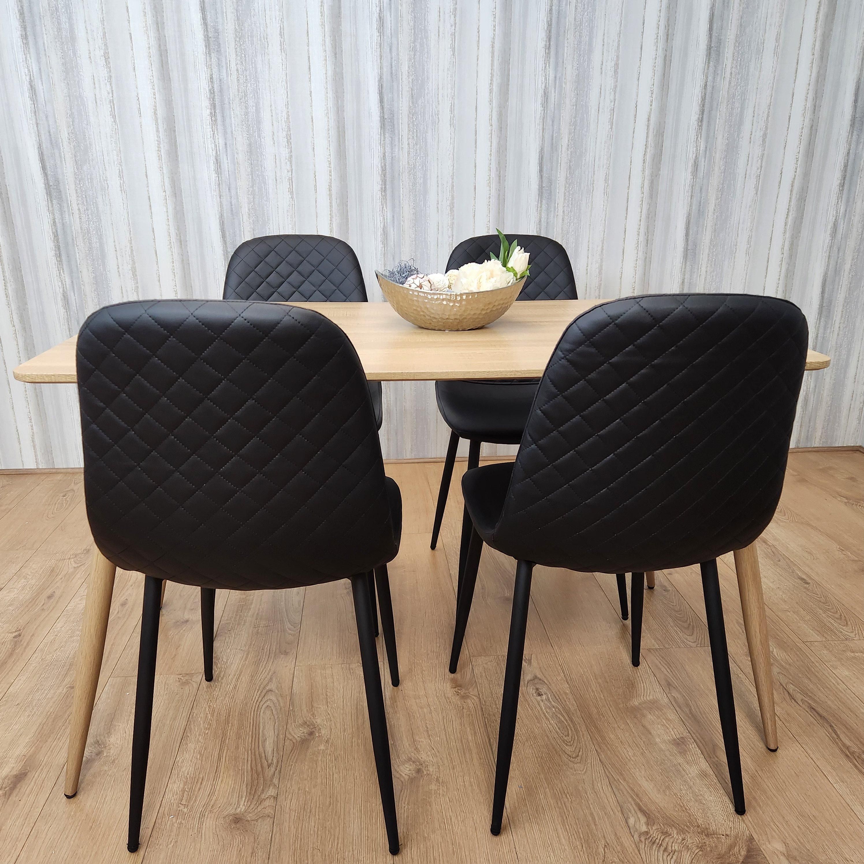 KOSY KOALA Rectangle Oak Effect Kitchen Dining Table With 4 Black Faux Leather Padded Chairs Dining Set