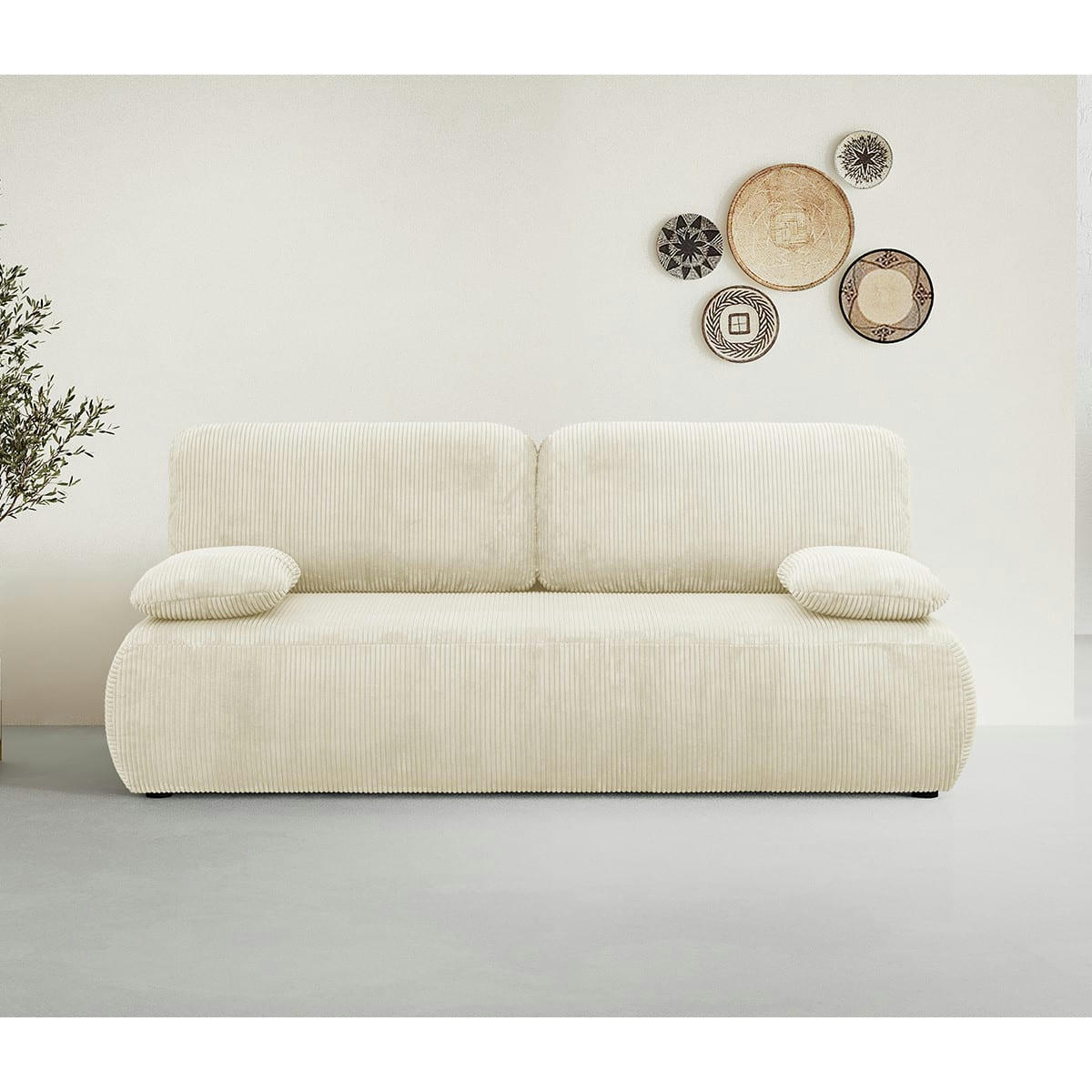 GEMMA - Canapé convertible 3 places avec coffre en velours côtelé beige