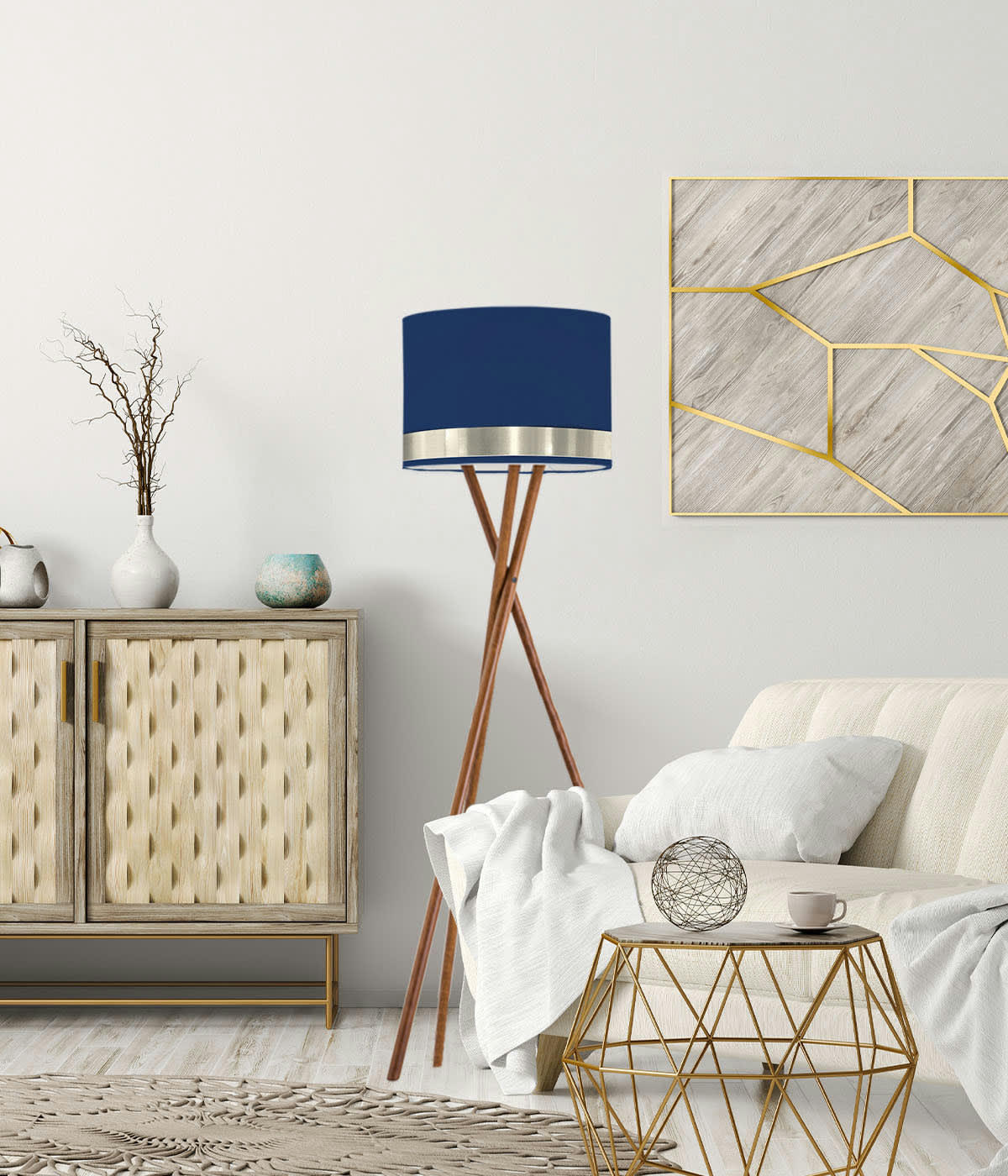 JONC - Abat-jour lampadaire Jonc bleu et aluminium D: 45 x H: 25