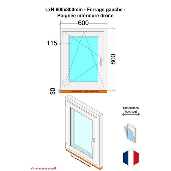 Fenêtre PVC - LxH 600x800 mm -Triple Vitrage - Bicolore blanc int/anthracite ext-poignée à droite