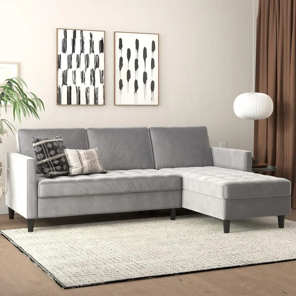 Presley - 3-zits hoekslaapbank met opbergruimte in grijs fluweel