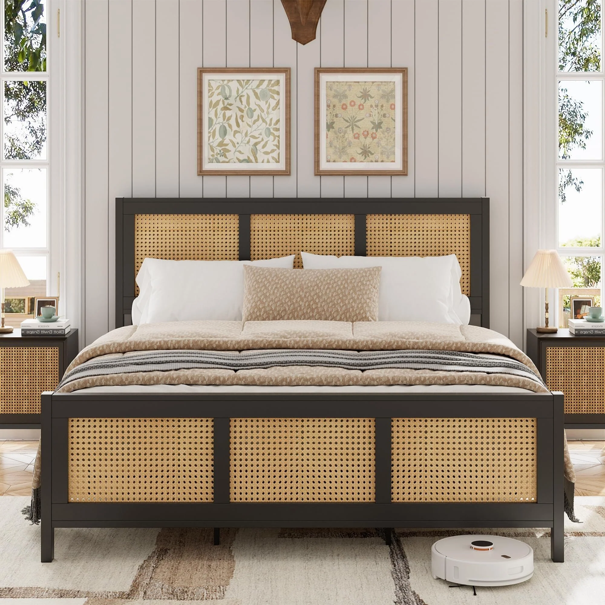 Rattan Black Platform Bed Frame with Strong Metal Slat