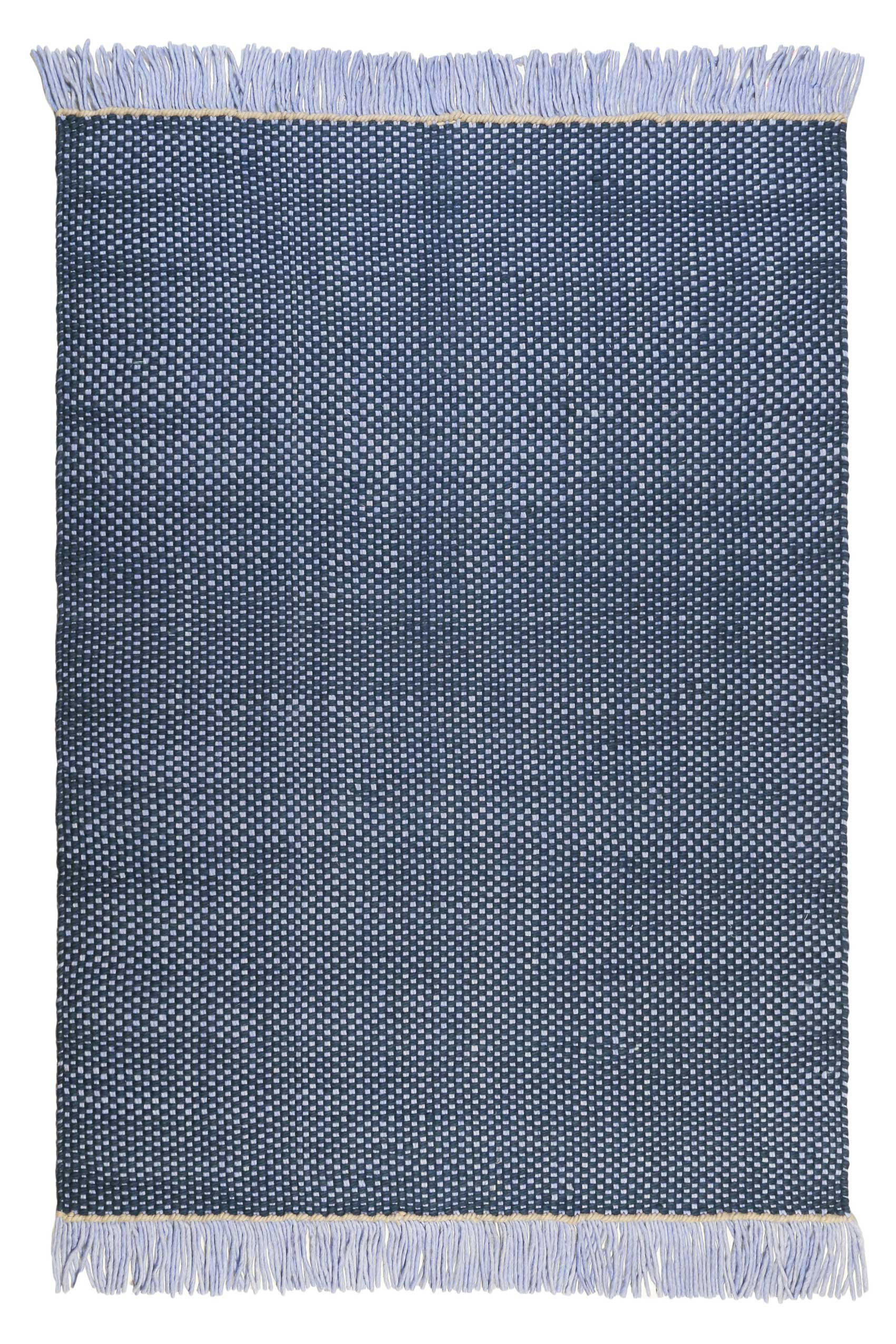 CASA - Tapis plat tissé main pure laine vierge à franges bleu 130x190