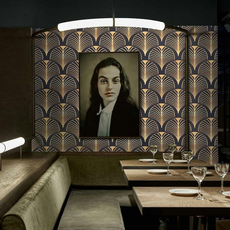 VINTAGE - Papier Peint Art Déco des Années 1930, Noir et Or 250x200 cm