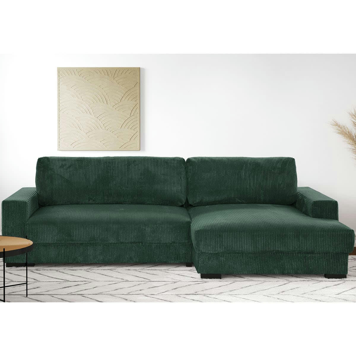 ARTY - Canapé d'angle à droite convertible 3 places en velours côtelé vert