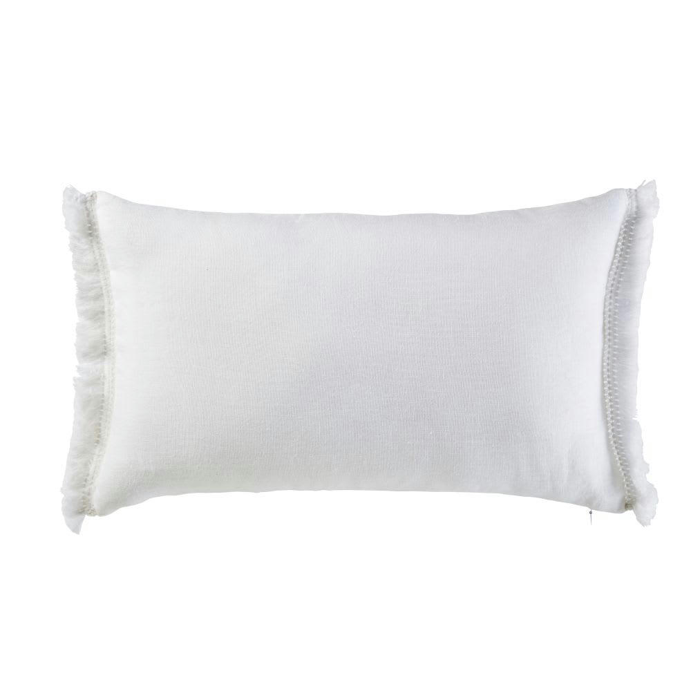 ANTAN - Coussin en lin blanc lettre brodée à franges 30x50