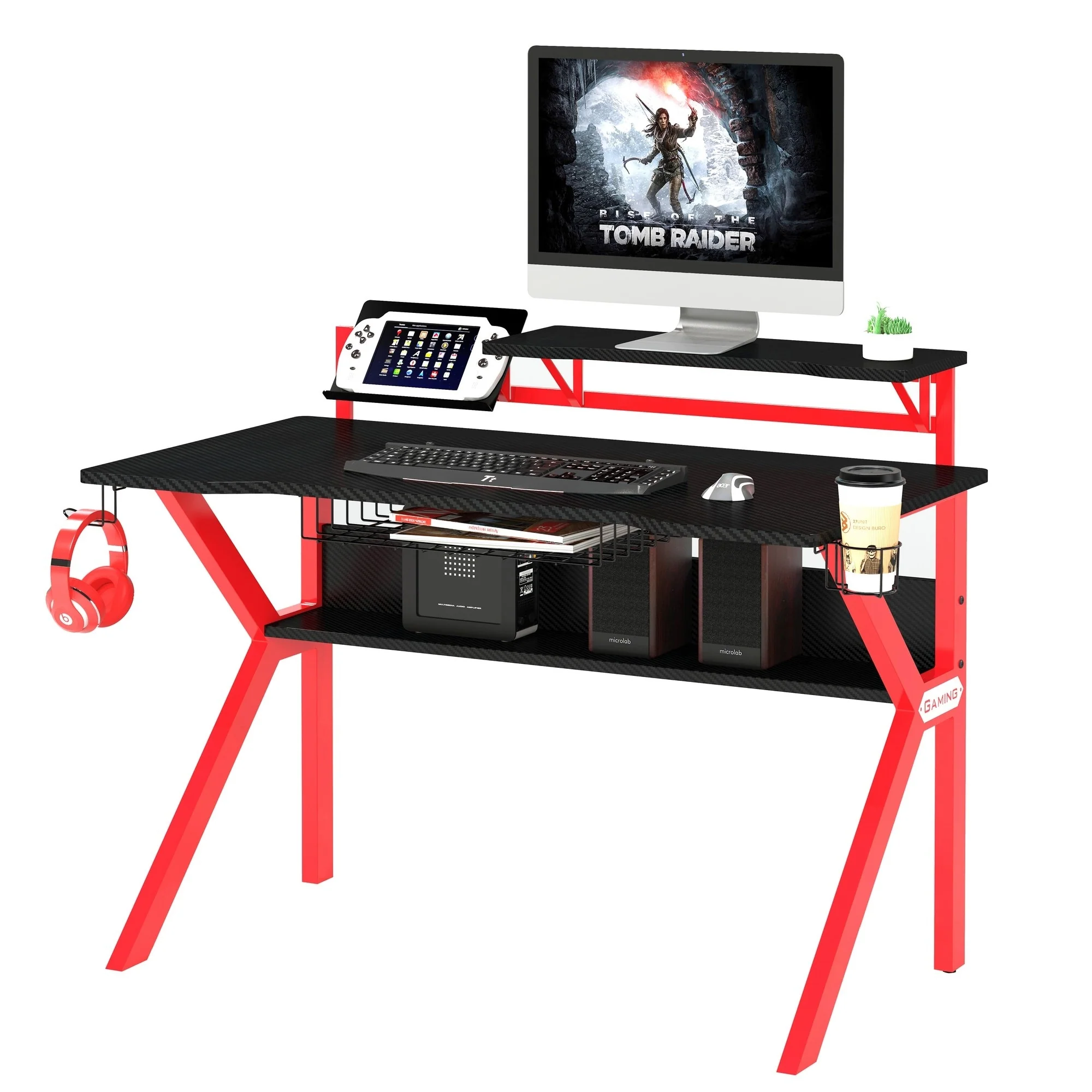 Liv PVC Coated Ergonomic Metal Frame Gaming Desk, Black and Red