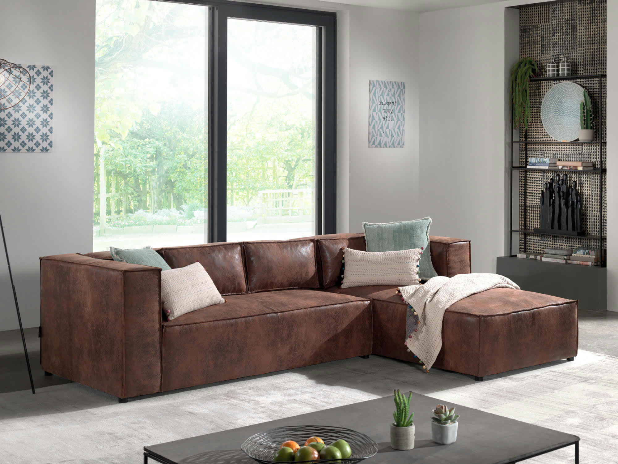 STELLA - Canapé d'angle droit 4 places en microfibre marron