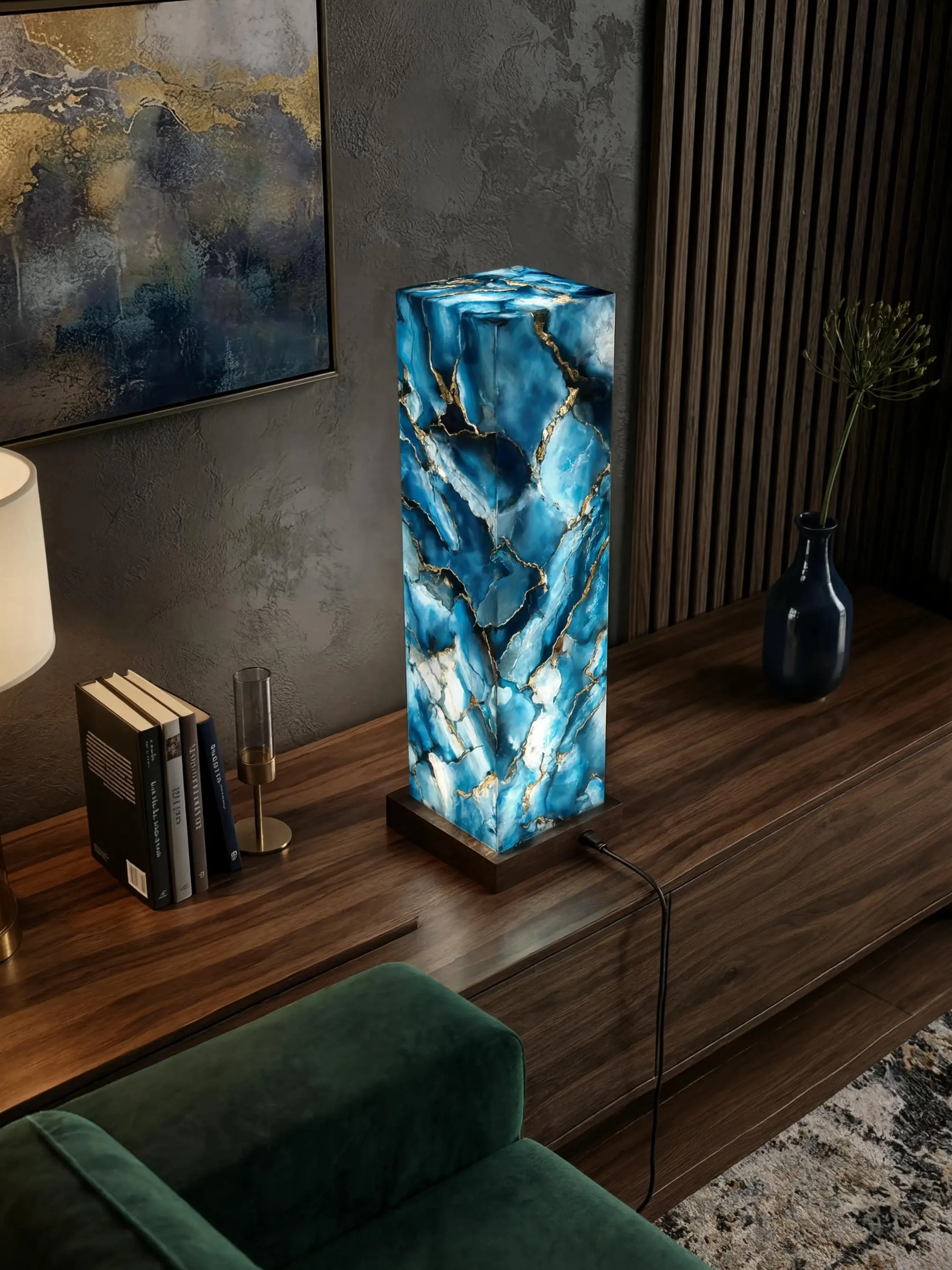 Rare Blue Agate Table Lamp | Tower Lamp | Lighted Natural Gemstone Sculpture | Luxury Home Decor