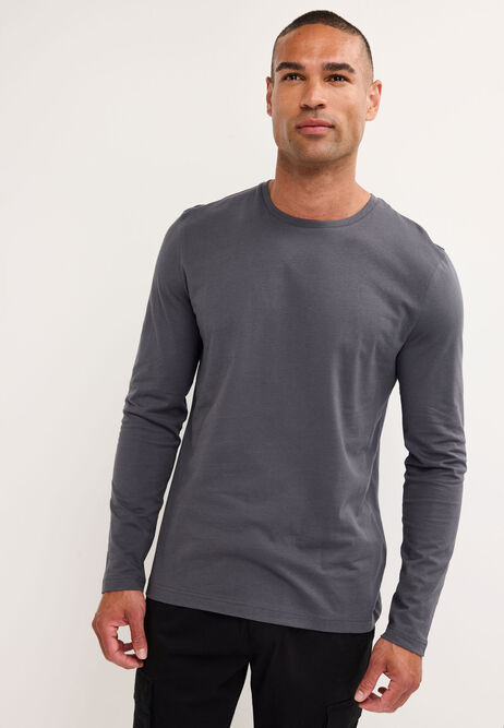 Mens Charcoal Cotton Long Sleeve T-Shirt