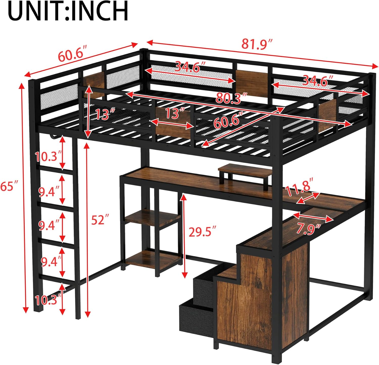 Bellemave Queen Loft Bed with Desk and Fabric Drawer, Metal Queen Loft Bed Frame with guardrail and Ladder for Adults, Kids, Teens, Black