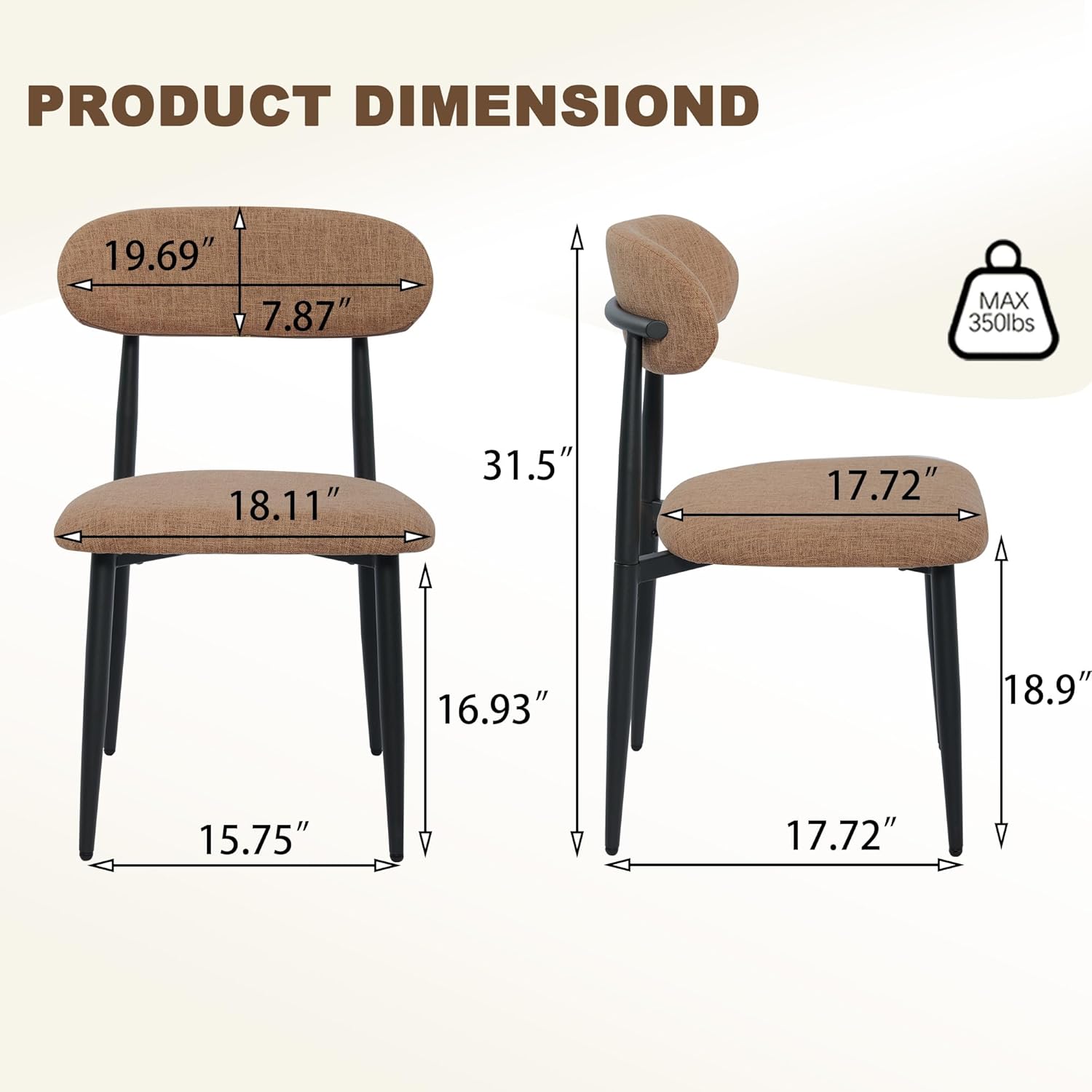 FREKEN Modern Upholstered Dining Chairs Set of 8, Mid-Century Metal Frame Linen Fabric Side Chair for Kitchen Dining Room, 350lbs Capacity, Brown