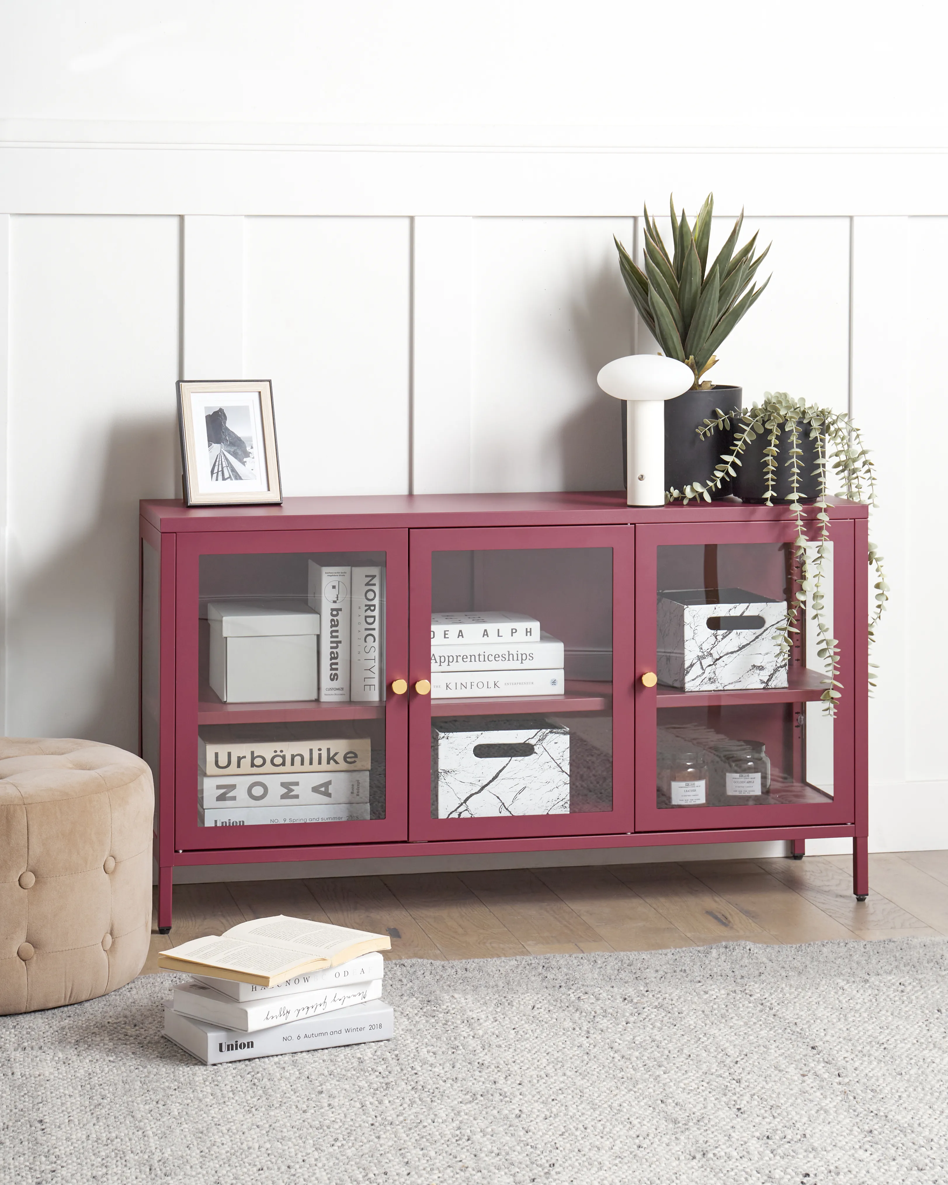 Glass Display Sideboard NEWPORT Metal 115 cm Dark Red