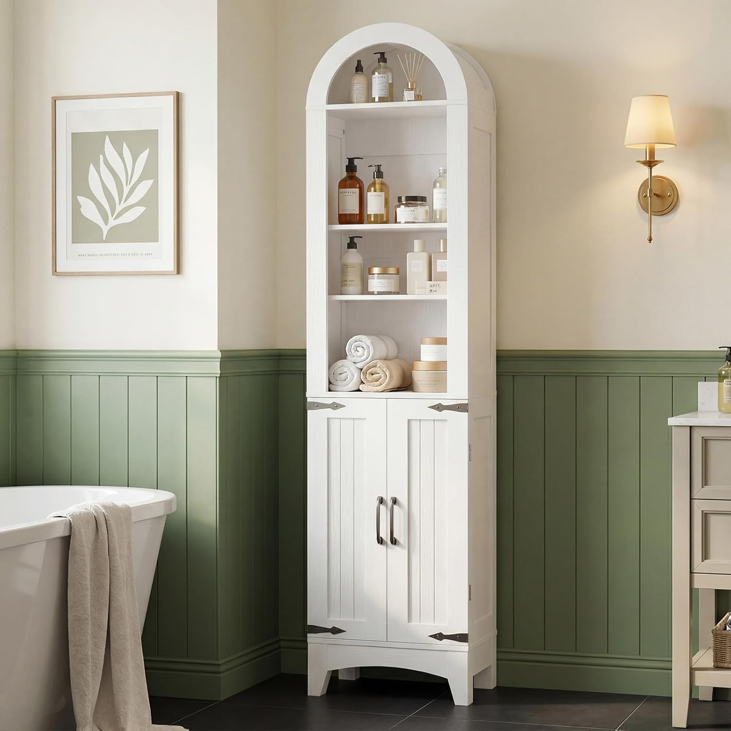 HOOBRO 67 Tall Narrow Bathroom Storage Cabinet, Arched Freestanding Floor Cabinet with 3 Adjustable Shelves and 2 Doors for Small Space, Space Saving Organizer for Bathroom, Living Room, White
