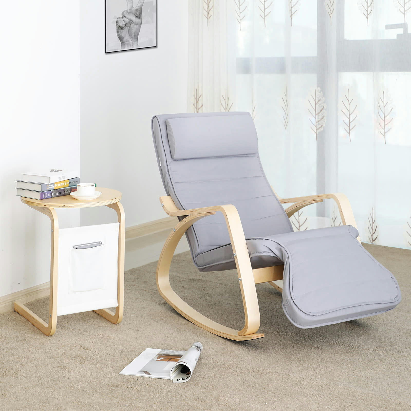 - Fauteuil à bascule moderne tissu bois gris clair