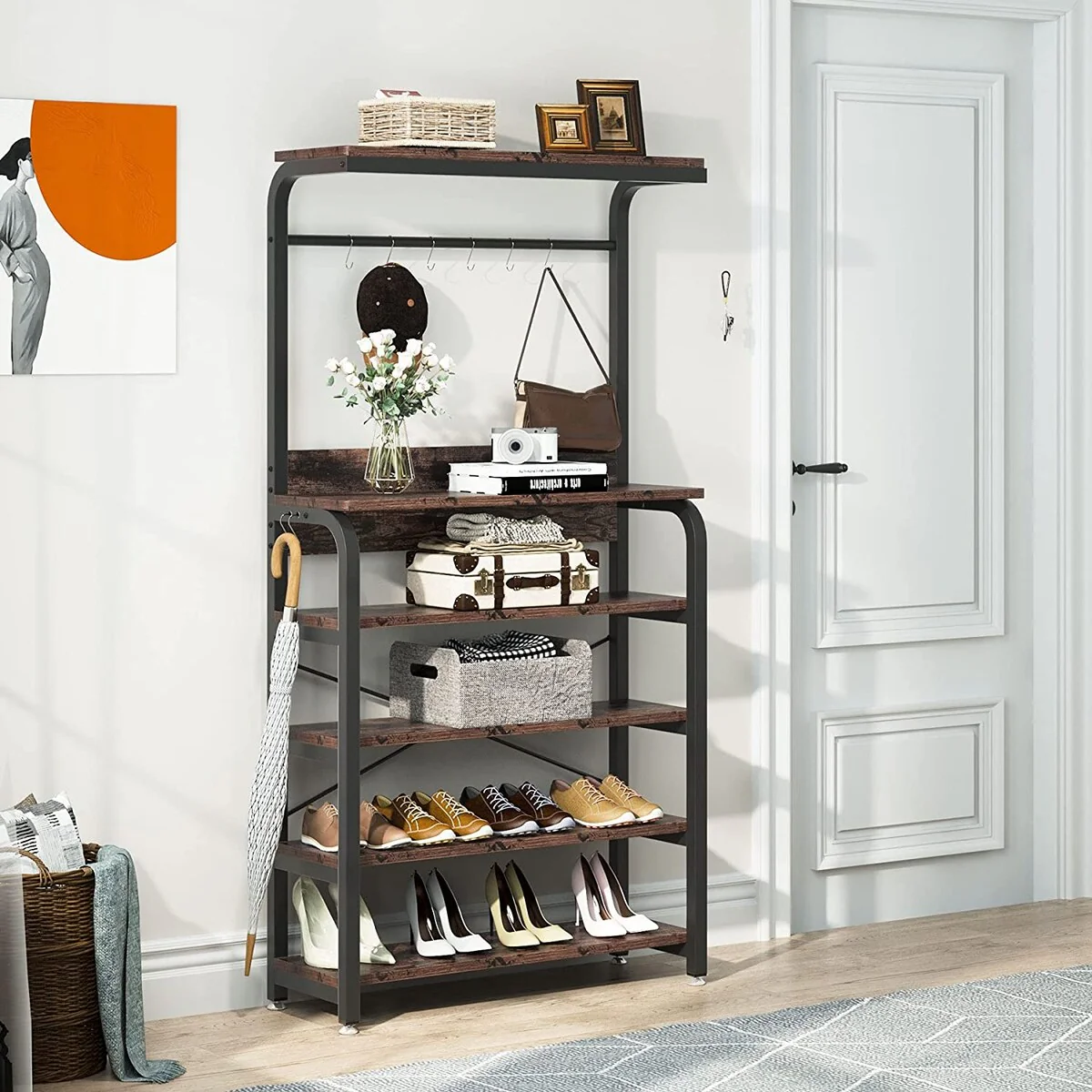 Entryway Coat Rack with 4 Tier Shoe Rack, 3 In 1 Design Hall tree with Storage Shelves - 31.49”L x 11.81”W x 62.99”H