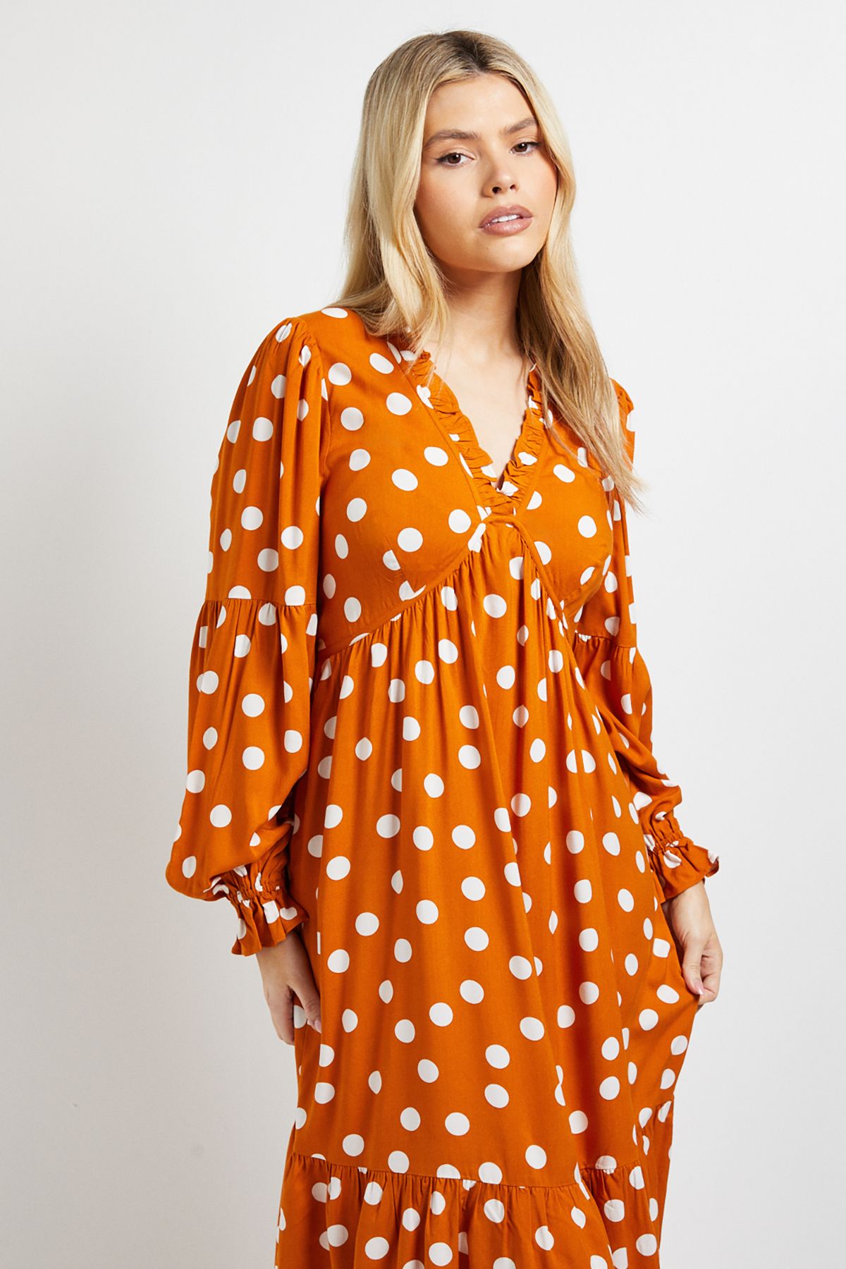 Dorothy Perkins Orange Spot Empire Seam Frill Detail Midi Dress