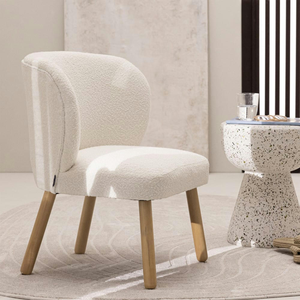 RAPH - Fauteuil en tissu bouclette et bois blanc