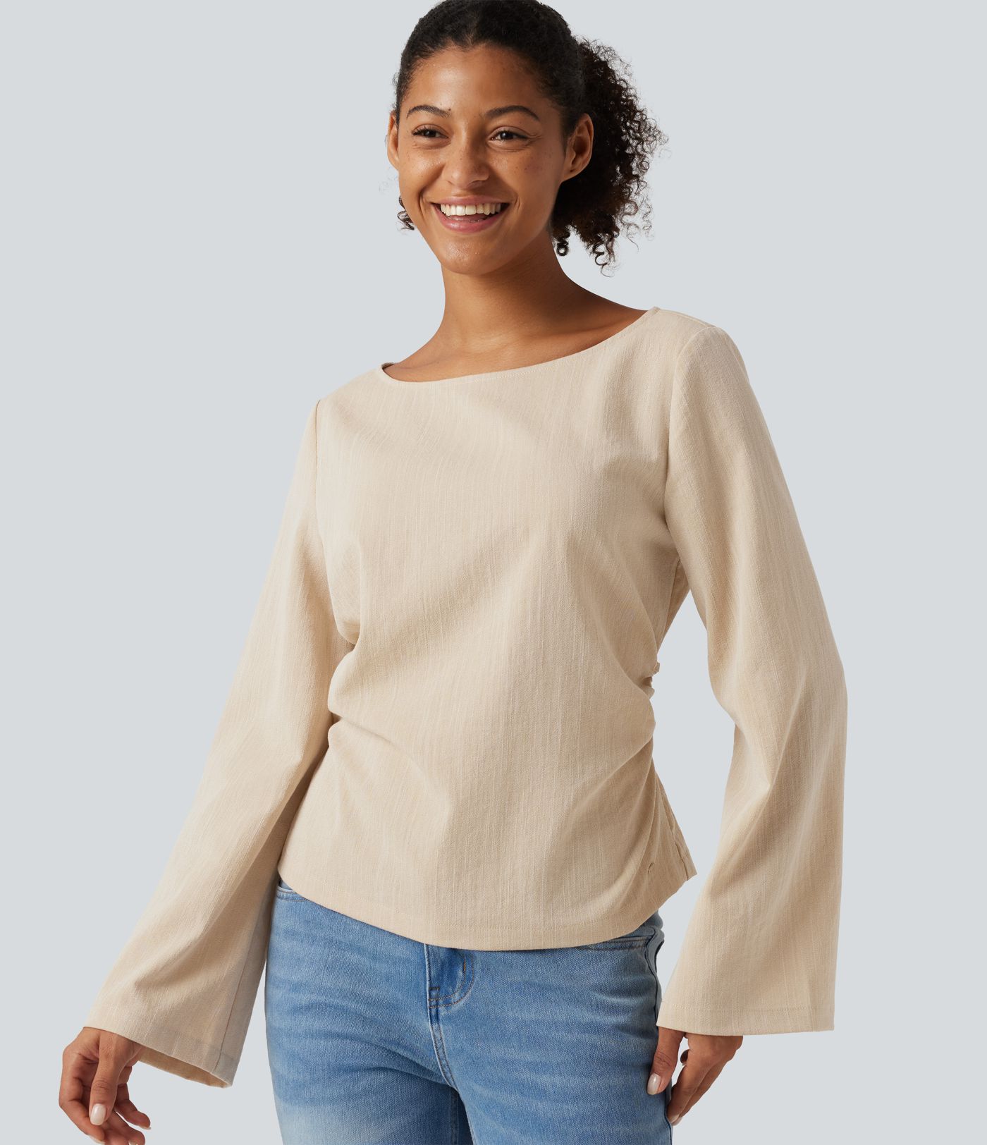 Blouse effet lin à encolure bateau, manches longues et laçage