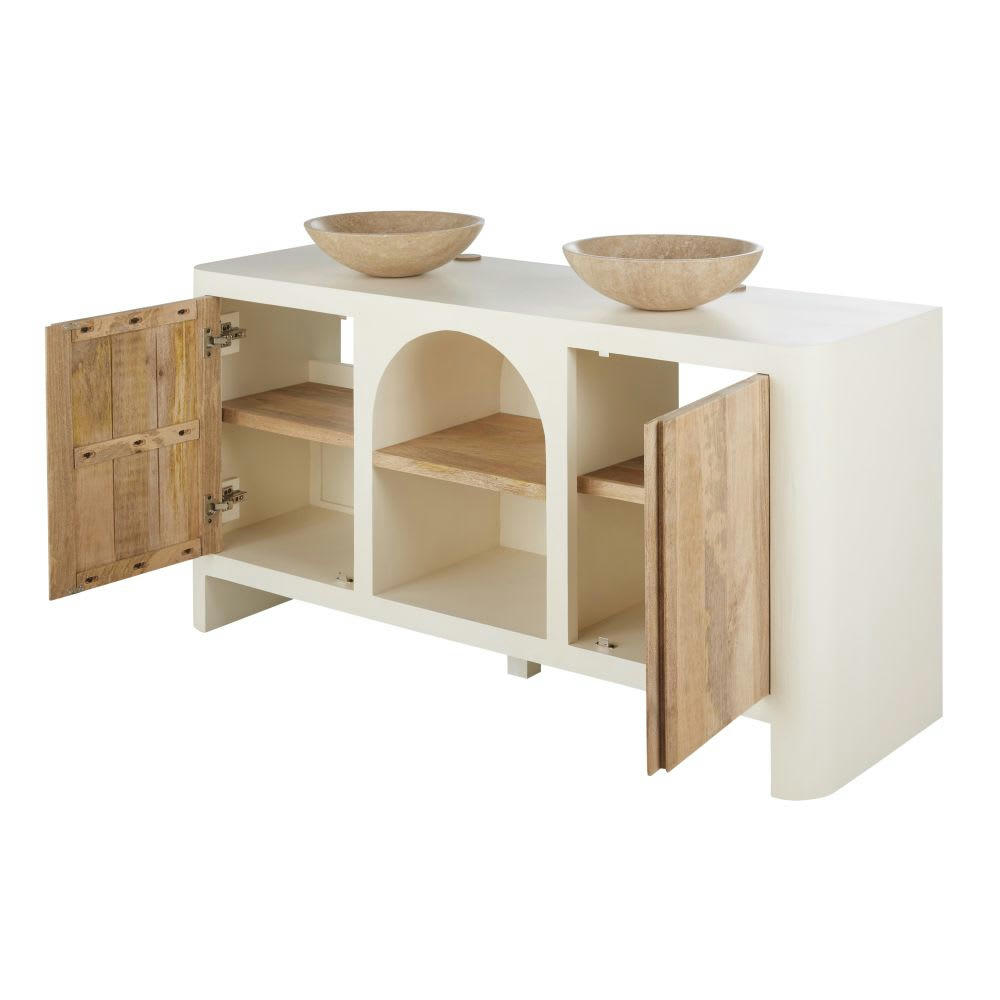 SARTENE - Meuble 2 vasques en bois de manguier beige et blanc crème
