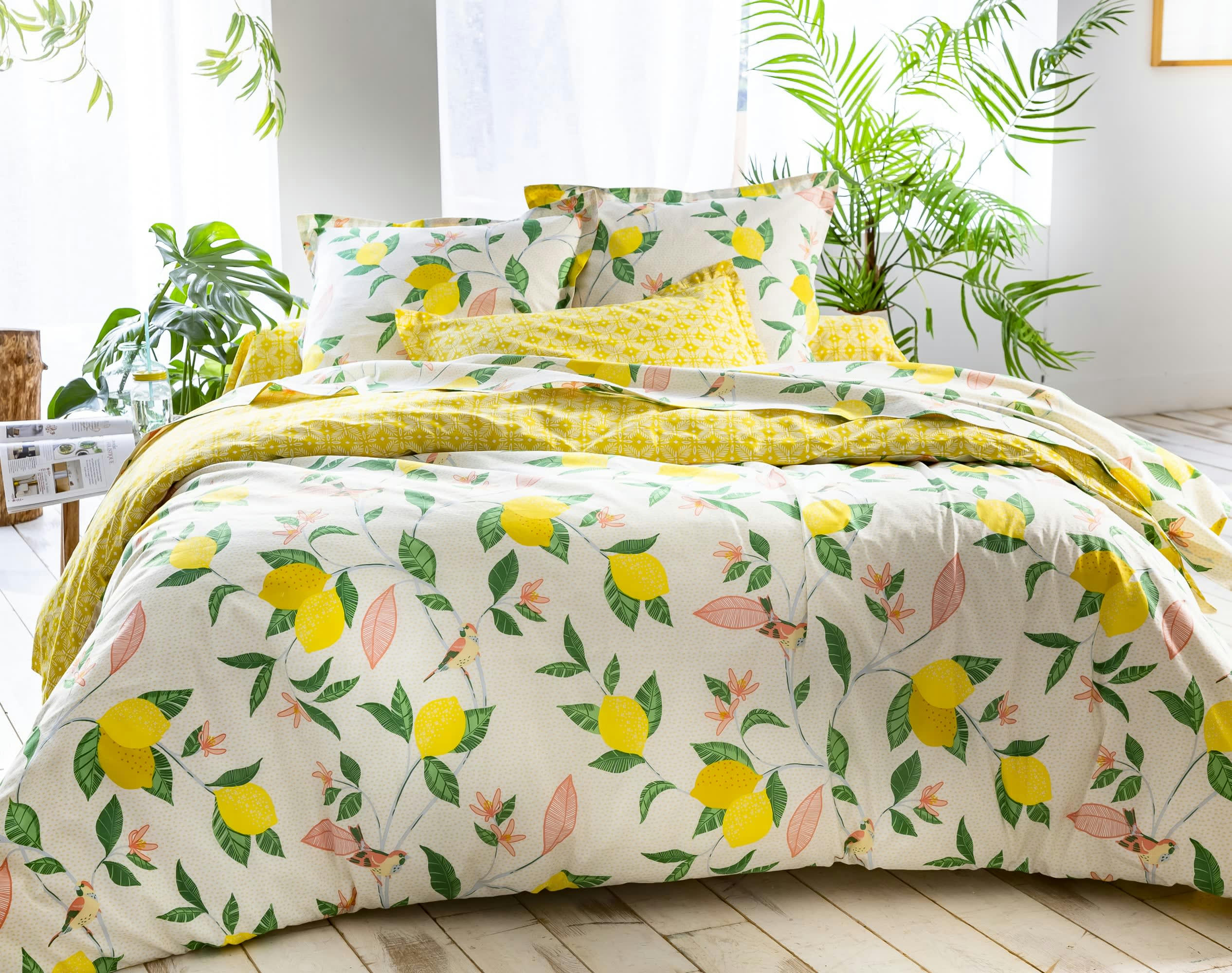 LEMON BIRD - Housse de couette 240x220 en coton jaune citron