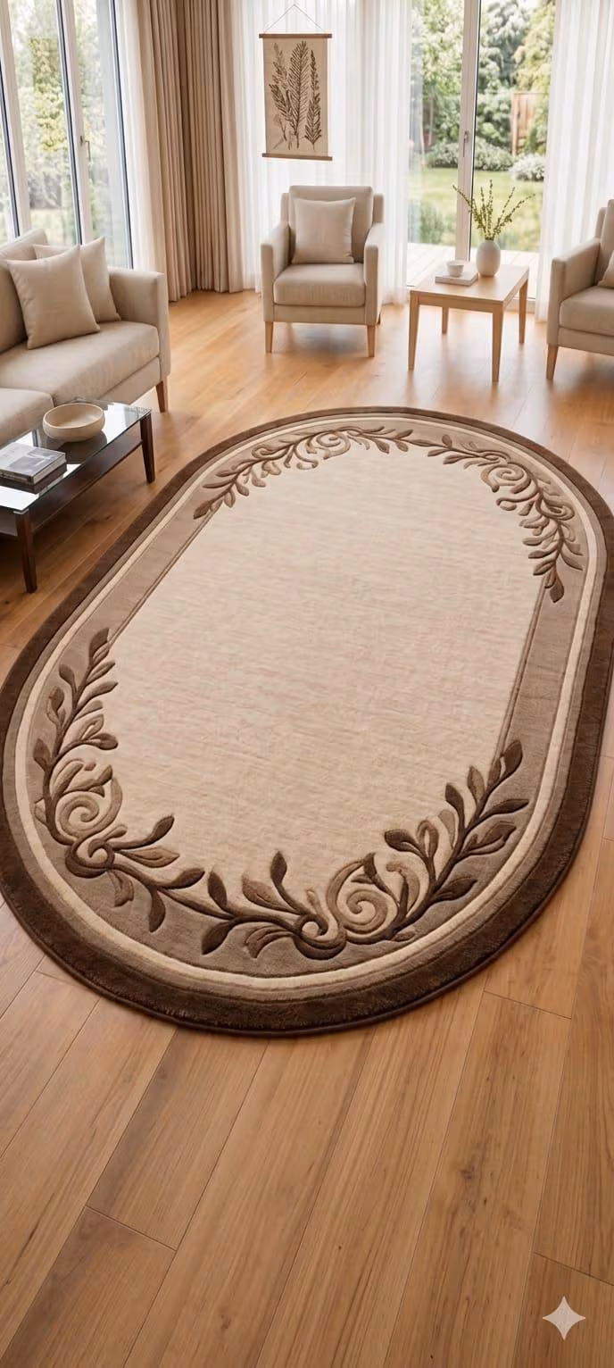 Hand Tufted Oval Area Rug, Beige Floral Border Rug, Wool Tufted Living Room Rug, Luxury Bedroom Carpet Decor