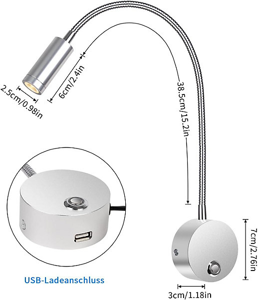 BASHLWUA Lampe de lecture murale argentée 3000-6000K, lampe de chevet murale LED 3W avec interrupteur tactile à intensité variable