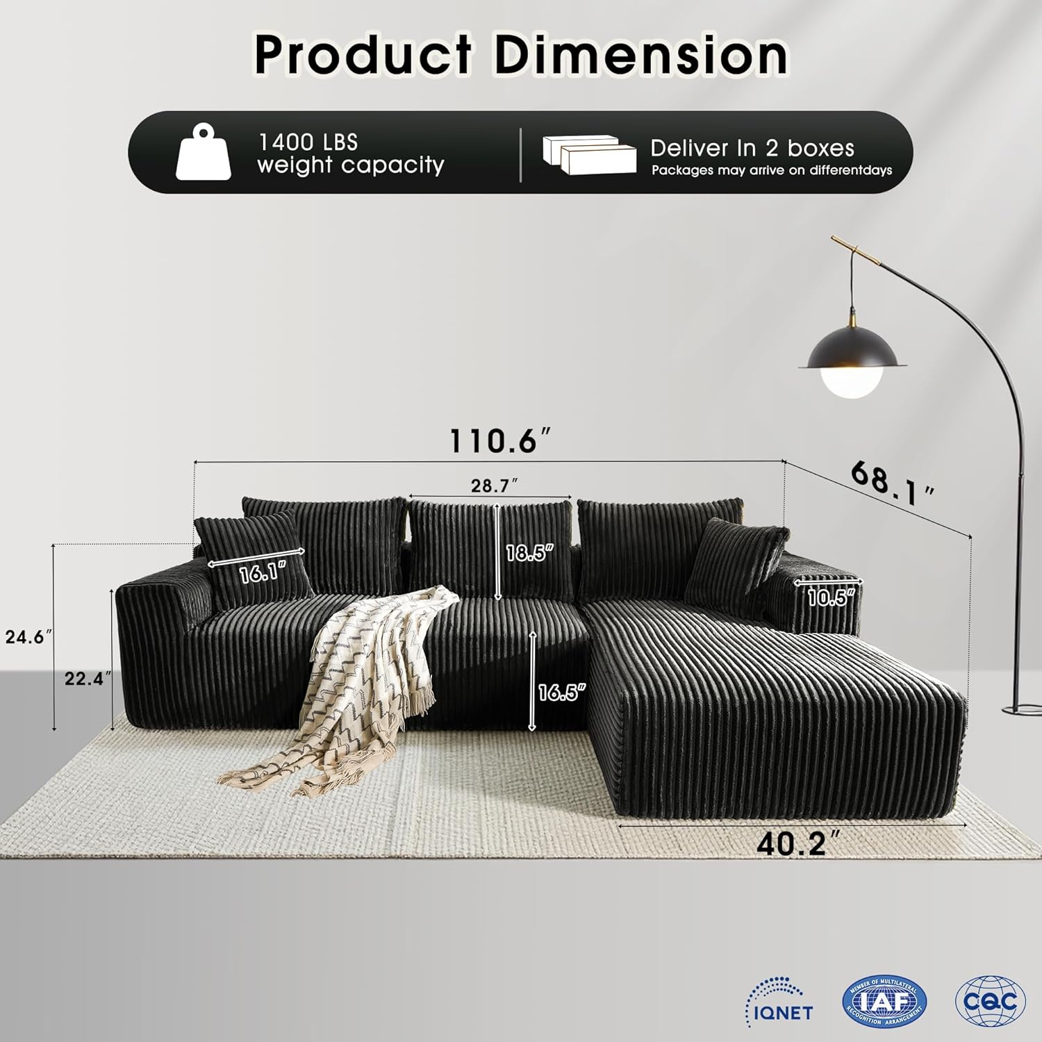 WorthFurni Cloud Modular Sofa Couch with L-Shape Chaise,Modern Sectional with Deep Seat, Upholstered Couches for Living Room Bedroom,No Assembly Required, Plush Corduroy Fabric 110.4(Black)