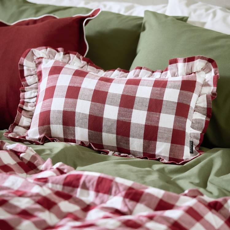 Habitat Gingham Check Frill Cushion - Berry - 50x30cm