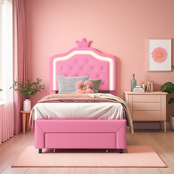 Lit enfant 90x200 cm rembourré, tête de lit réglable, 2 tiroirs, forme de couronne avec LED, style princesse, rose (sans matelas)