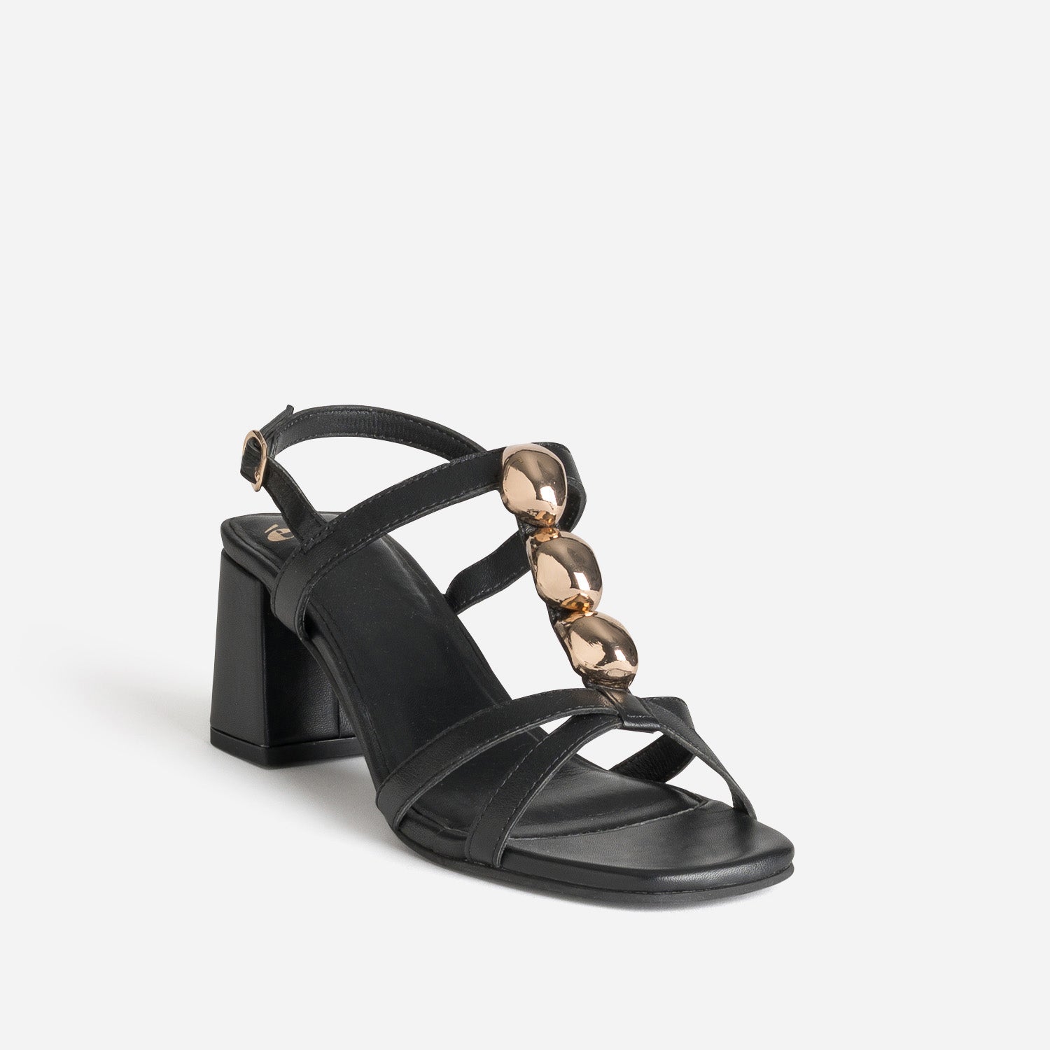 Sandale noire cuir décor bijoux