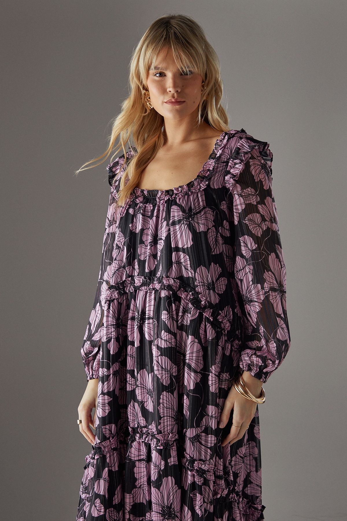 Warehouse Shadow Stripe Ruffle Square Neck Smock Midi Dress