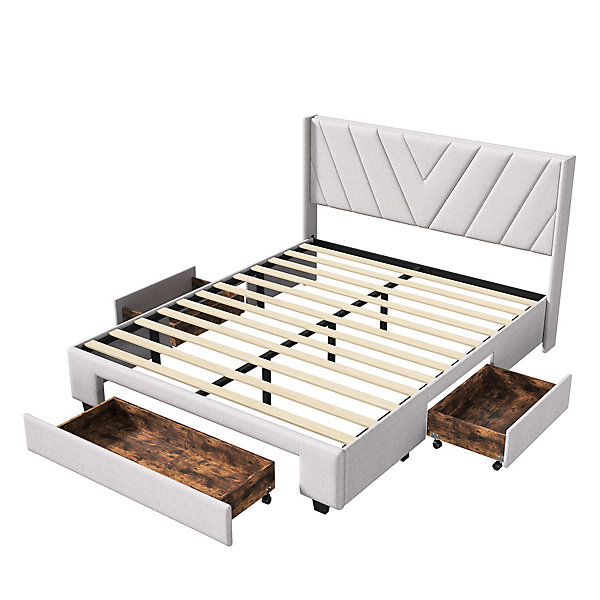 Lit 140x200cm avec Tiroirs de Rangement, Lit capitonné avec sommier à Lattes, Lin, Beige