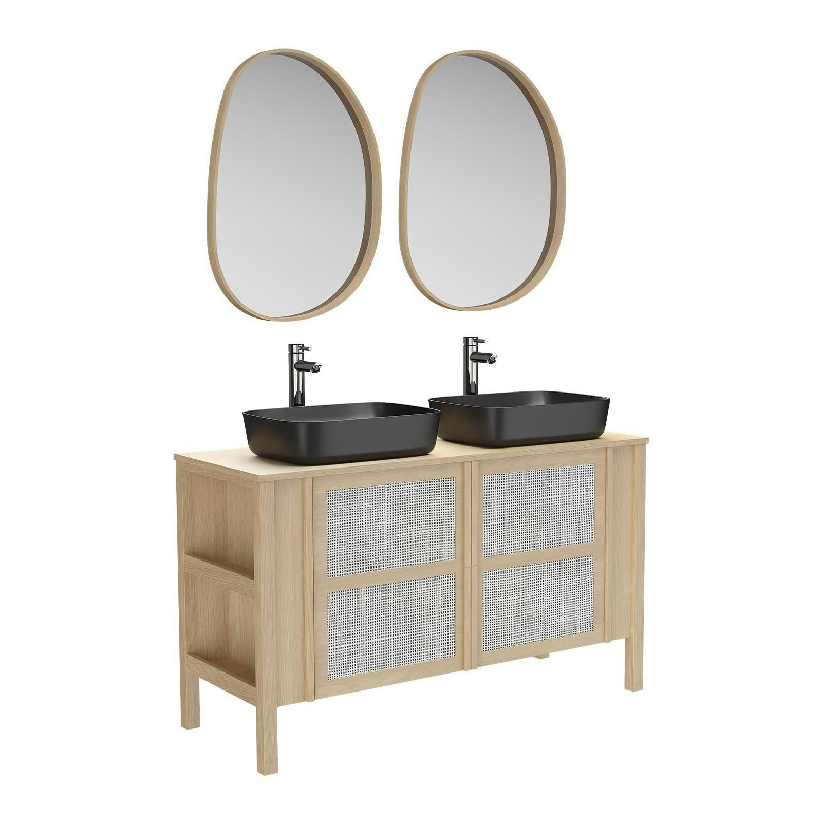 NESTO - Meuble double vasque 130cm chêne  cannage + vasque + robinet + miroir