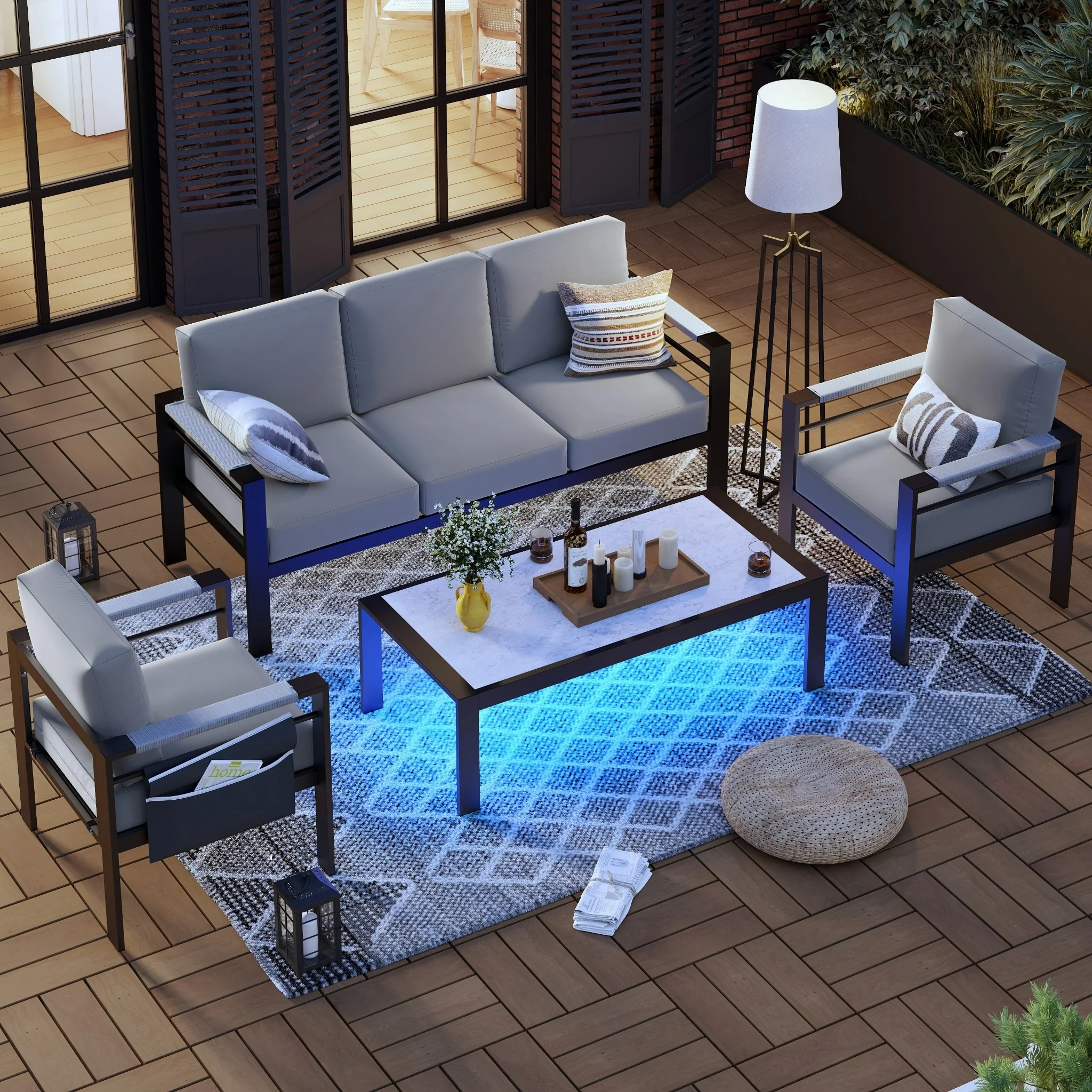 4-Piece 5 Seat Aluminum Patio Conversation Set with Cushions LED Coffee Table and Sofa