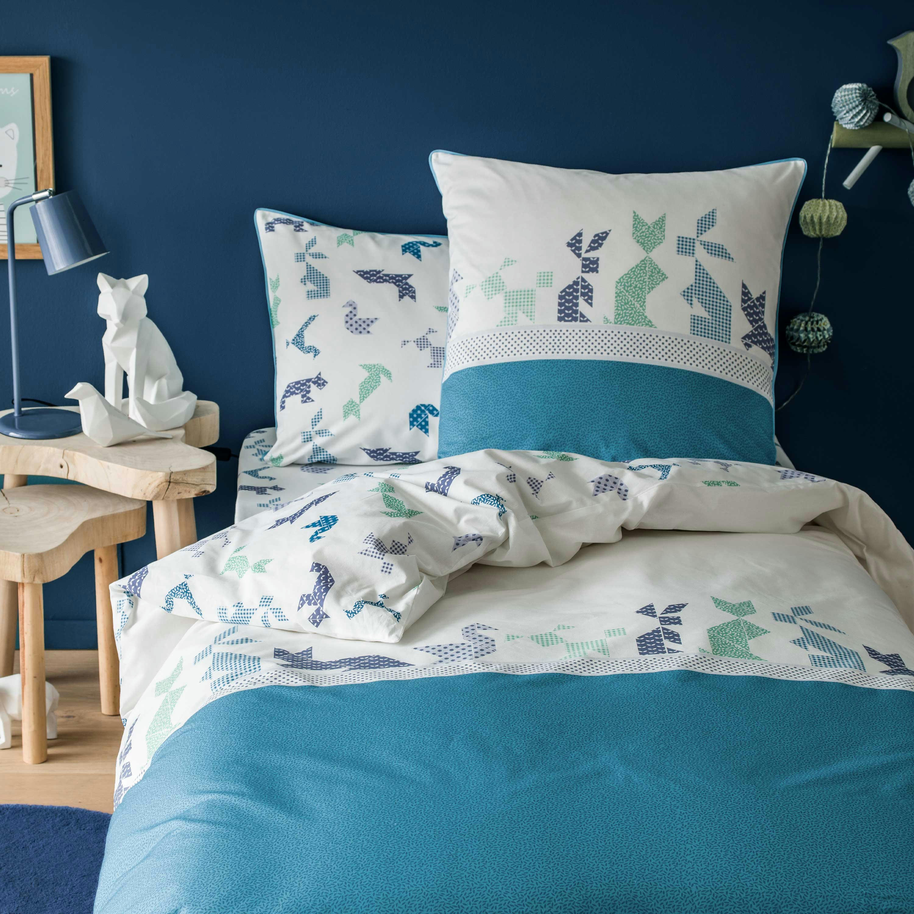 ORIGAMI - Housse de couette imprimée en coton  140x200cm Blanc-bleu