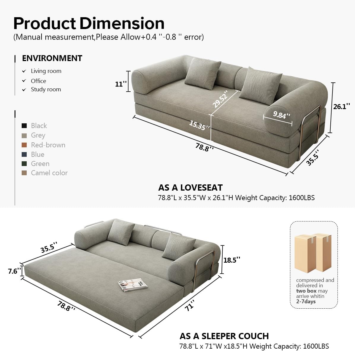 78.8 Modular Sofa Bed - 4-in-1 Convertible Design with Corduroy Fabric and High Density Sponge, Removable Cover and Fixed Frame