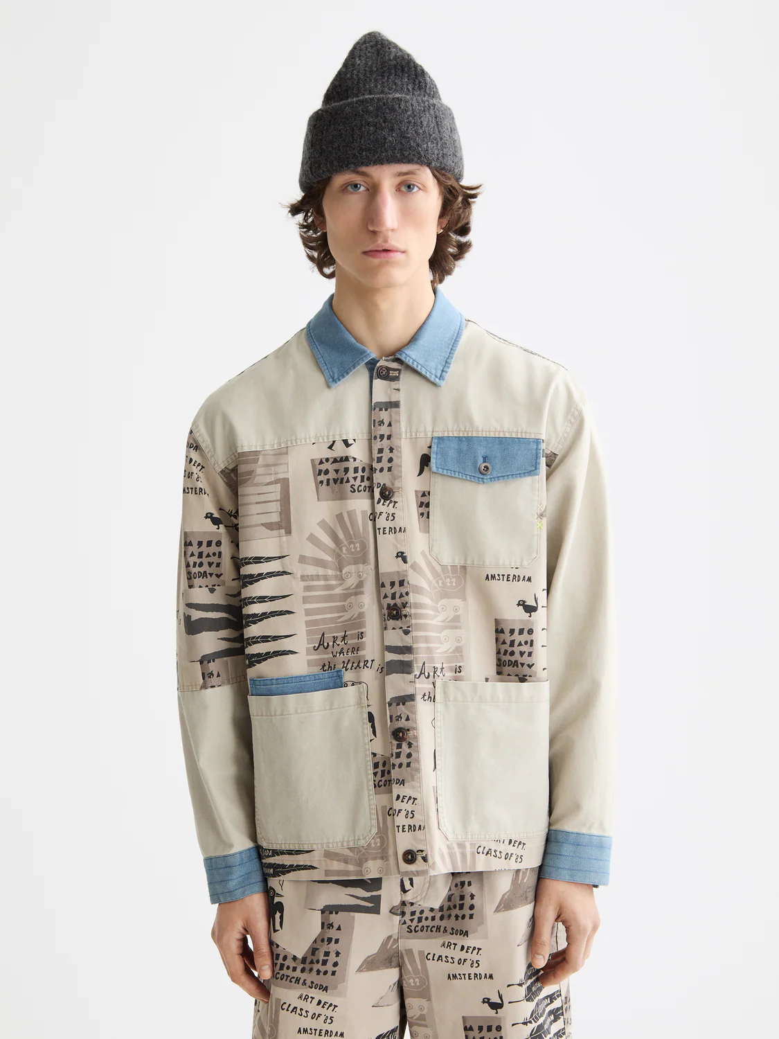 Printed & Washed Colour Block Worker Jacket