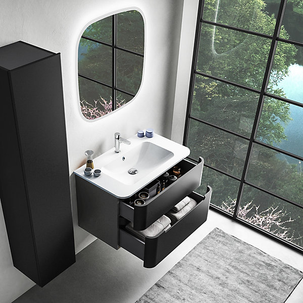 Ensemble salle de bains L. 84 cm meuble sous vasque noir mat   plan vasque blanc mat Alba