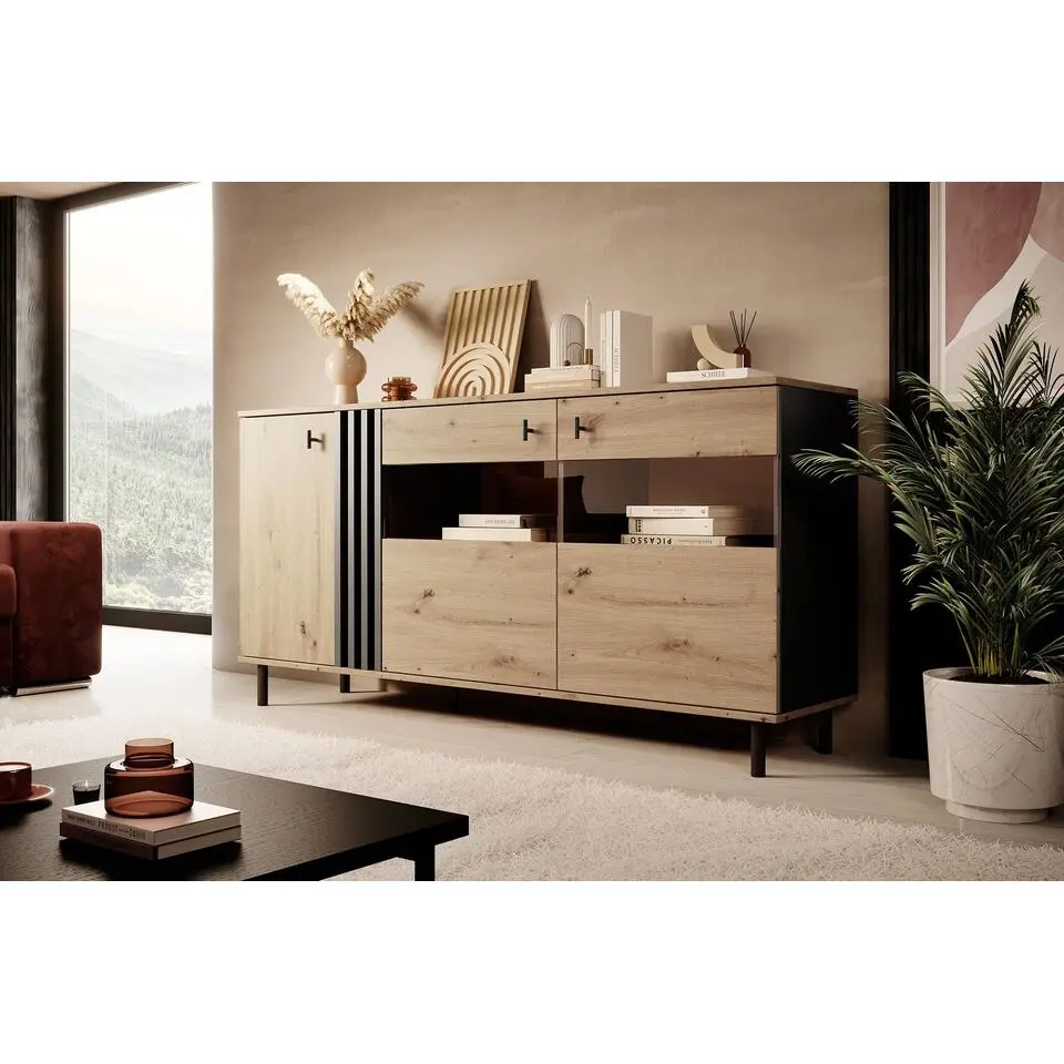 Meubella - Dressoir Marcos - Eiken - Antraciet - 165 cm - met glas