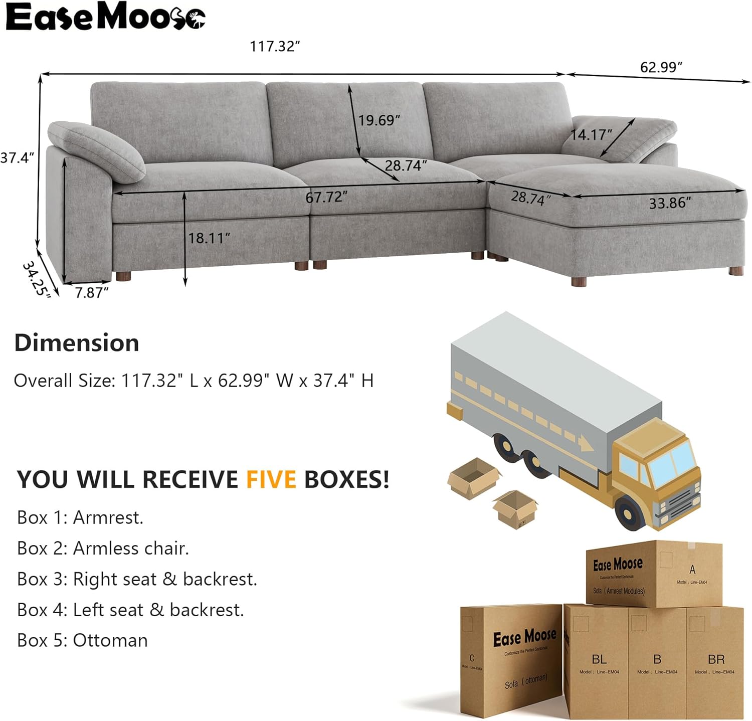 EASE MOOSE Oversized L Shape Sectional Modular Sofa,Wide Deep seat Sectional Sofa,FSC Certified Comfortable Chenille Grey Cloud Modular Sofa