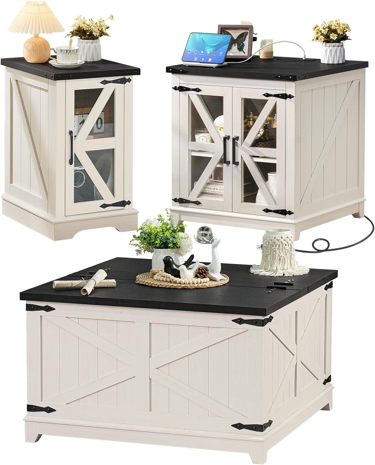 Farmhouse Coffee Table Sets 3 Pieces, 24'' End Table with Charger and Narrow 14'' Nightstand w/Glass Barn Door, Large Coffee Tables with Hidden Storage Organizer, Living Room Sets