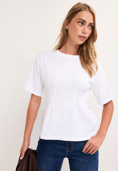 Womens White Pintuck Waist Cotton T-Shirt